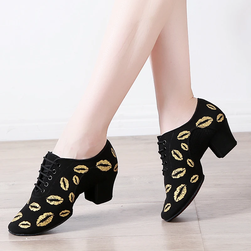 Туфли женские из ткани Оксфорд с золотыми губами 5 см принтом | Спорт и