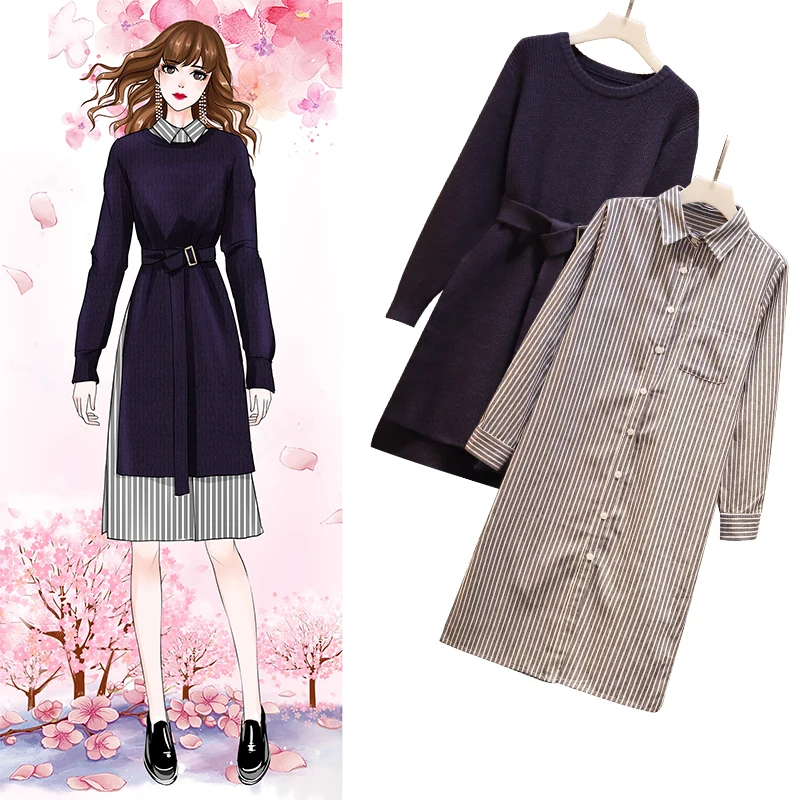 

New Winter Autumn Big Yards Korean Fashionable Stripe Long Shirt Suit 2 Pcs Clothing Set Outfit Casual Clothes Vestido Belt