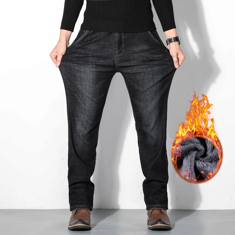 DIMI Denim Pants Oversized Men's Clothes Winter Warm Men's Jeans Fleece Padded Trousers Plus Size Straight Casual Classic Black