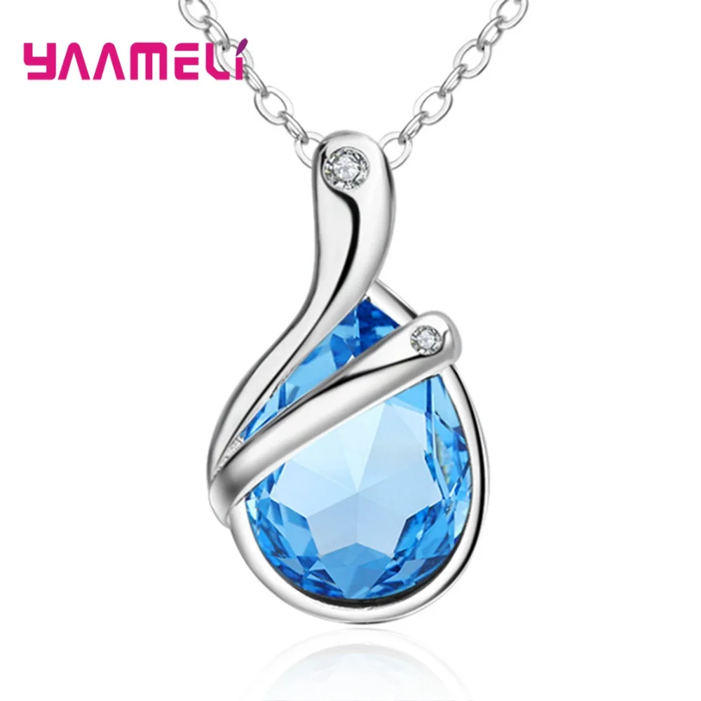 

Women 925 Sterling Silver Necklaces Pandents Hot Fashion Elegant Sky Blue Shinning Waterdrop Crystal Statement Necklace Delicate