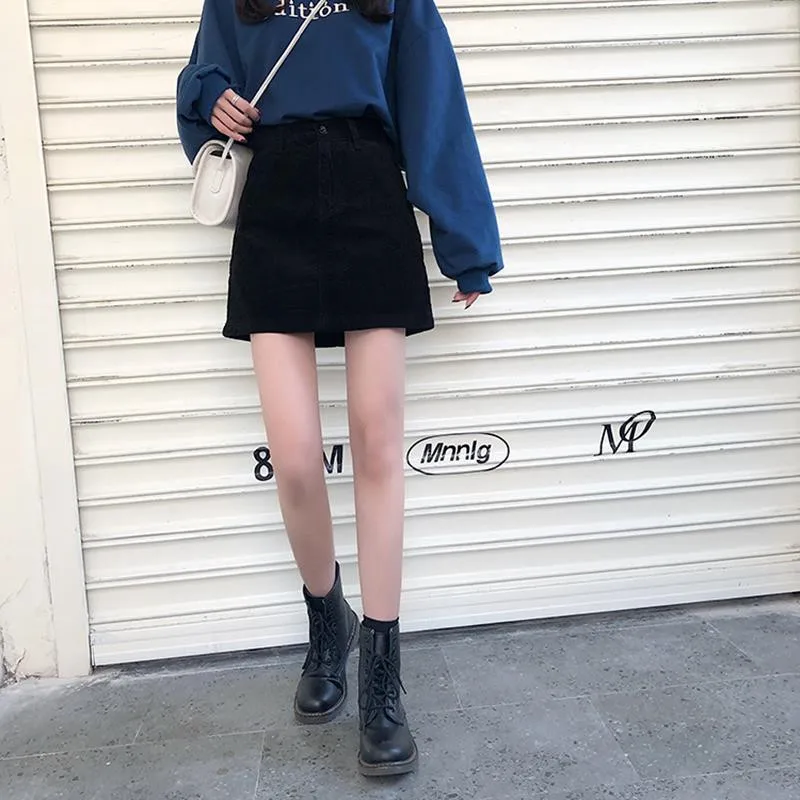 

Luck A Vintage Corduroy Skirt Women Slim High Waist A-line Skirt Lady sexy Hip Mini Skirt Elegant Saia Midi Jupe Femme