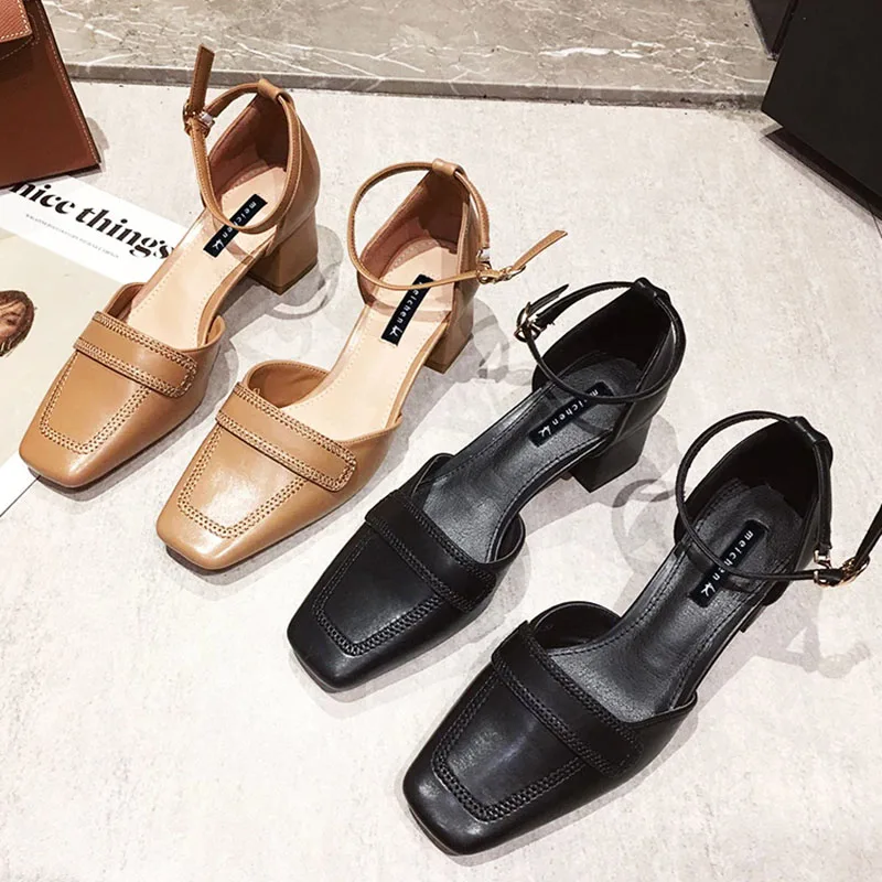 

Rimocy Elegant Square Toe Thick Heels Pumps Women Fashion Ankle Buckle Party Dress Shoes Woman Soft Pu Leather Shallow Shoes