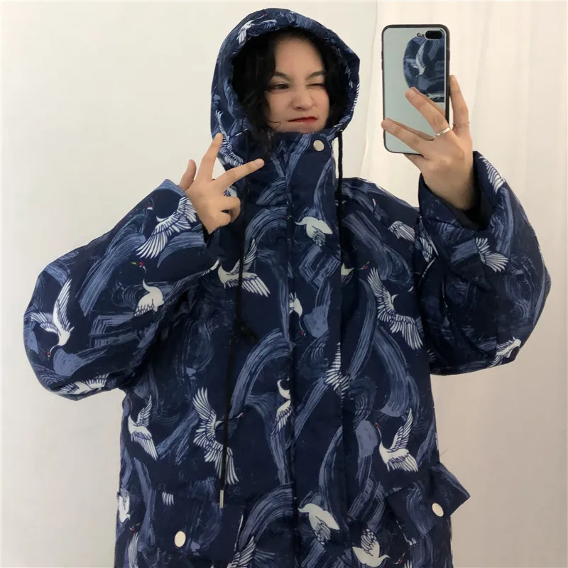 Woherb Harajuku куртки зимняя женская стеганая парка винтажный кран печати свободная японская стеганая куртка с капюшоном Femme Chaqueta Mujer