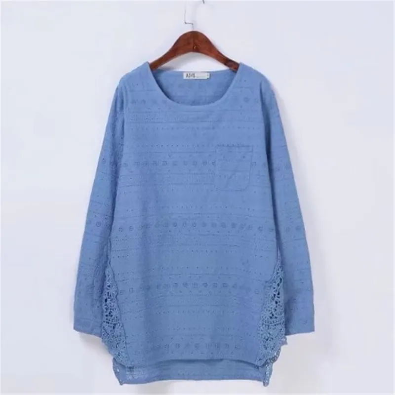 Blusas Для женщин полный хлопок черный большие размеры Футболки цветочной вышивкой длинные рукава открытые белые 3XL 6XL свободные топы тройники рубашки футболки женские