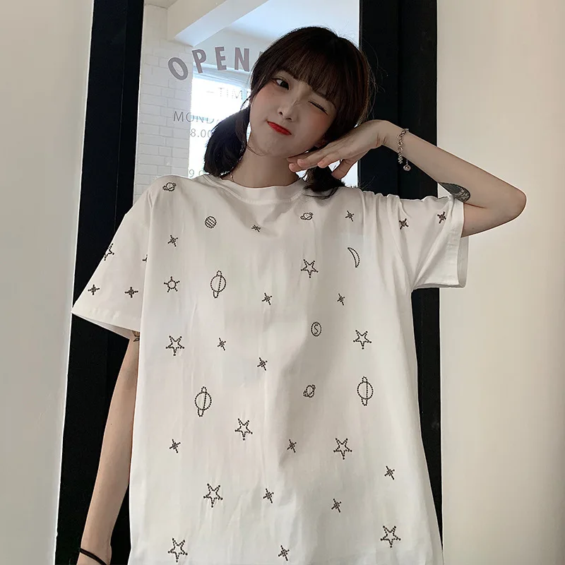 

Summer Short Sleeve Simple T-shirts Cotton Women Cartoon Embroidery Loose All-match T Shirt Harajuku Kawaii O-neck WhiteTshirt
