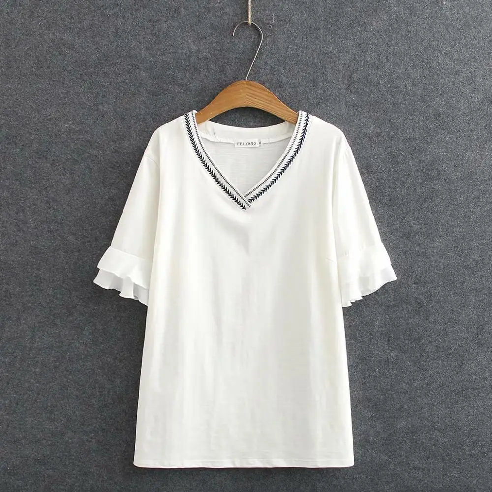 

Plus size Cotton embroidery V neck solid white navy women loose tshirts 2020 new summer casual ladies soft t shirts female tops