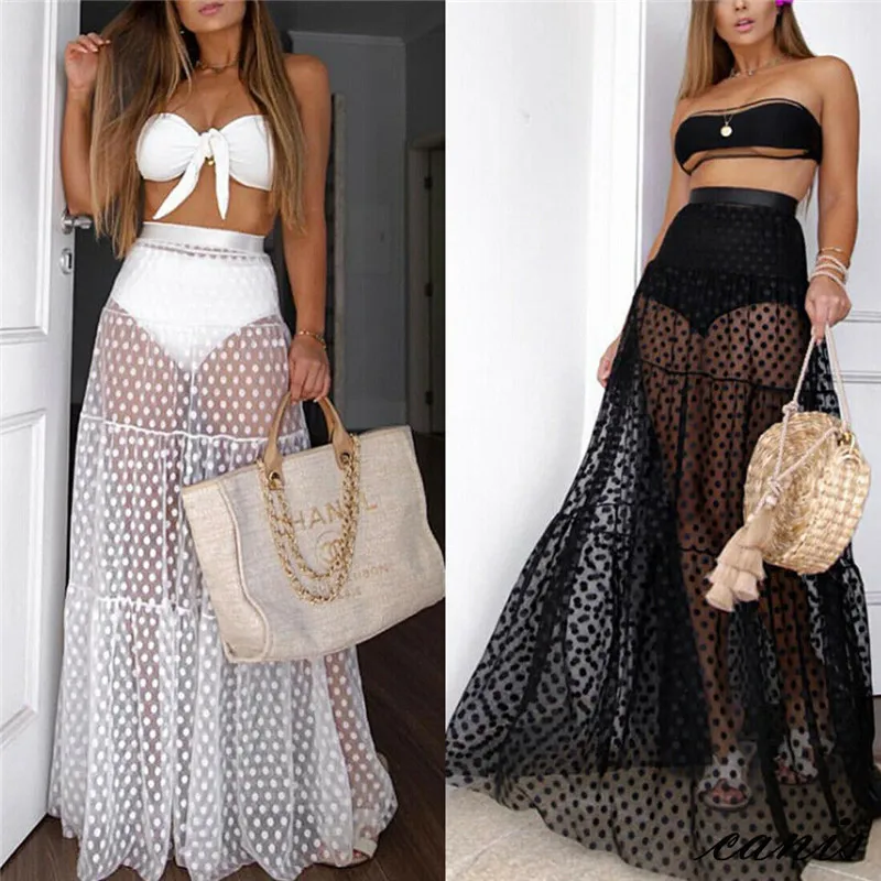 

Boho Summer Beach Causal Style Skirts Women Warps Polka dots High Waist Sheer mesh See-Through Perspective Long Maxi Flare Skirt