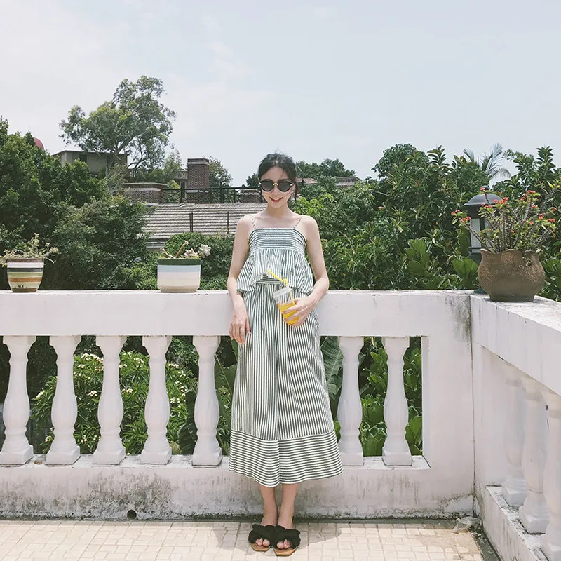 Fashion High Waisted Wide Leg Pants Woman Loose Green Stripe Trousers Women Ankle-Length Clothes 2018 | Женская одежда