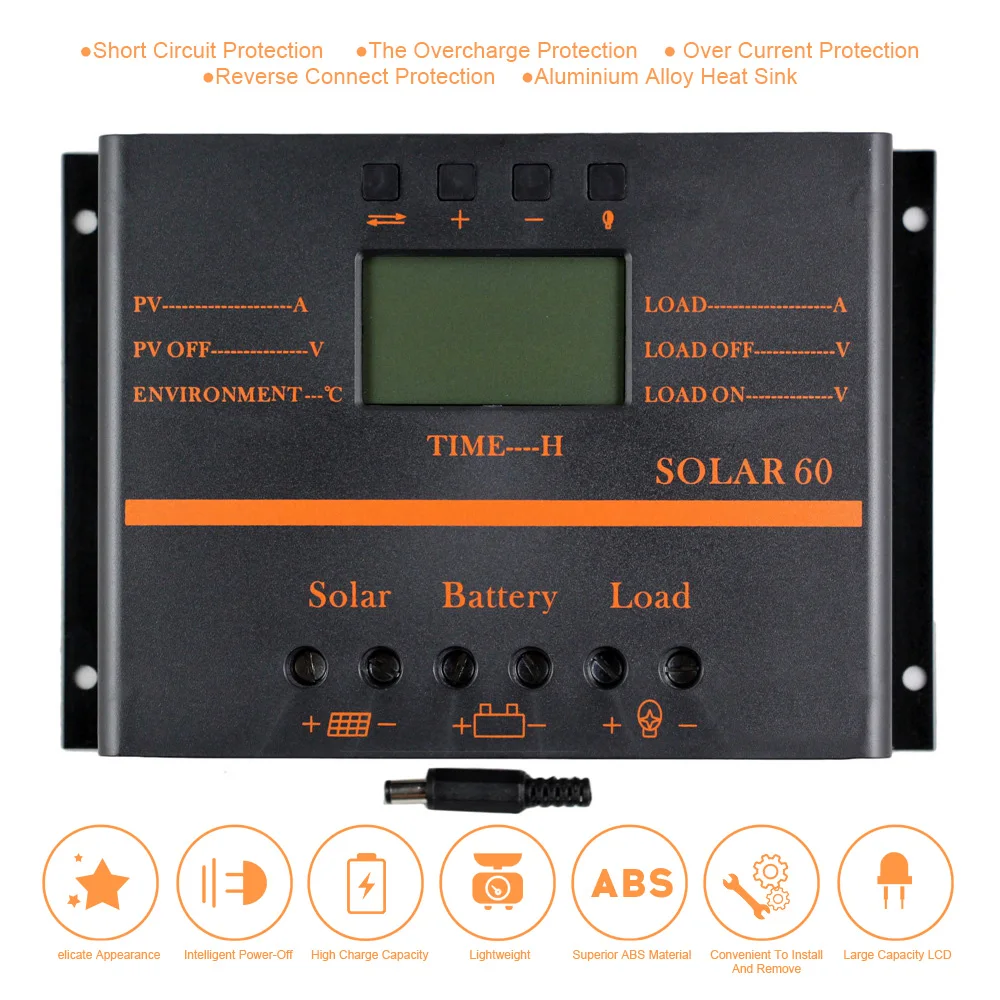 SOLAR60 Интеллектуальный ЖК-экран Солнечный Контроллер заряда 12 В/24 В 60A защита цепи