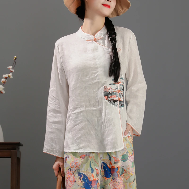 Spring Summer 100% Linen Ethnic Embroidery One Size Full Sleeves Tai Chi Martial Arts Shirt Clothes
