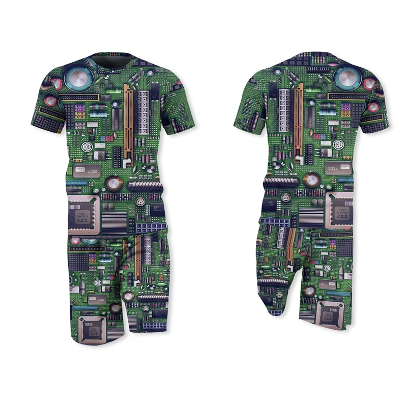 Popular Short Male Set Novelty Integrated Circuit Board Printed Cool Summer Attire Fashion O-Neck Casual Shirt Men's Beach Suit