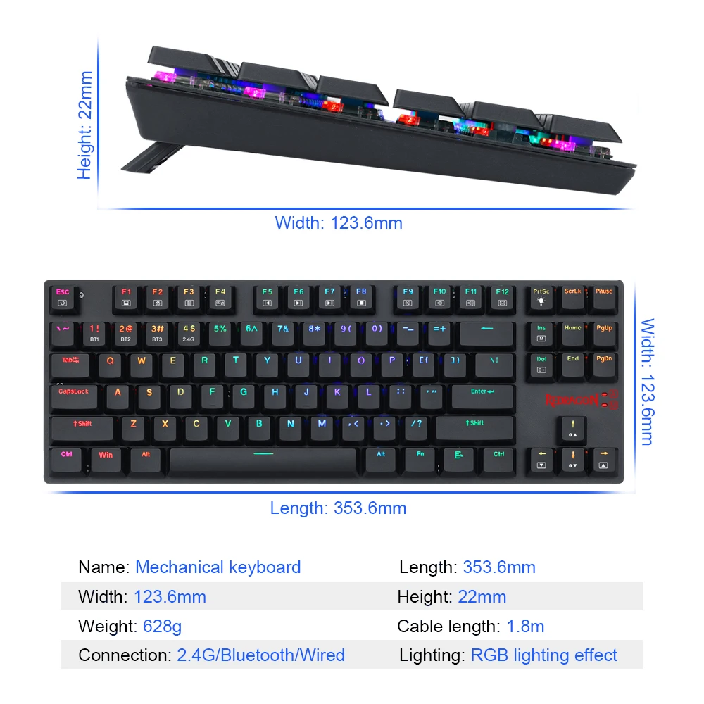 

Redragon Aps por K607P KBS RGB Bluetooth 5.0 wireless USB 2.4G Dual mode Mechanical Gaming Keyboard Blue Switch 87 Keys Compute