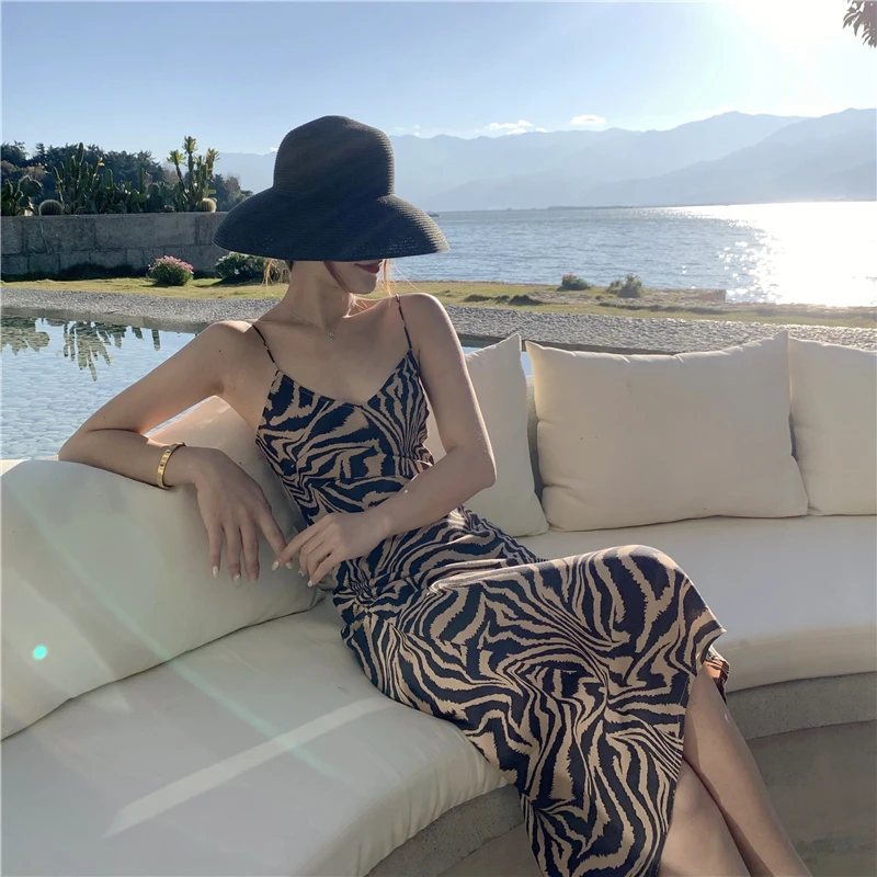 

Women Summer Sexy V-Neck Midi Backless Spaghetti Club Zebra Print Slim Sleeveless Print Dress