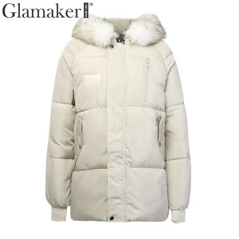 Glamaker сексуальный зимний теплый пуховик с капюшоном женский меховой воротник карман свободный пуховик уличная мягкая стеганая куртка