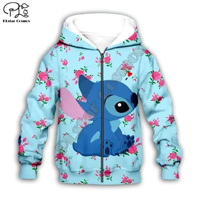 Black Детская одежда; толстовки с капюшоном в стиле аниме kawaii Lilo Stitch 3d; толстовка для мальчиков с героями мультфильмов; стильная одежда на молнии-1 - Цвет: Black