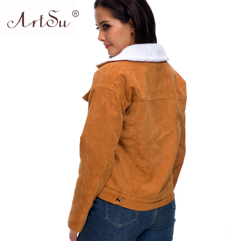 ArtSu/Повседневная Женская куртка с карманами из овечьего меха пальто осень-зима