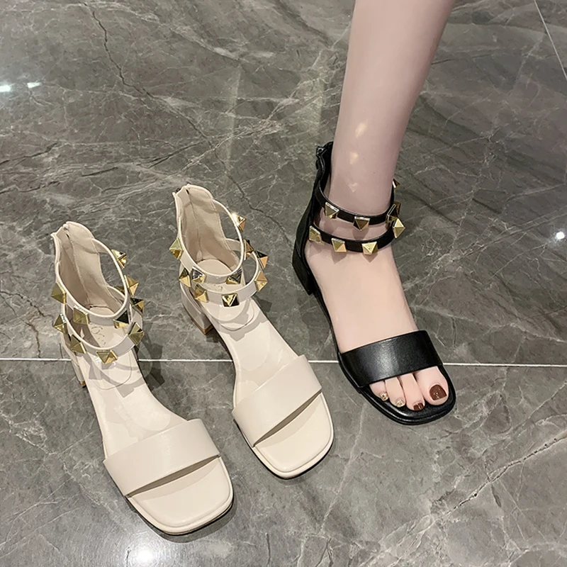 

All-Match Roman Sandals Leather Women's Summer Shoes High Heels Buckle Med Suit Female Beige Gladiator Stiletto High-heeled Girl