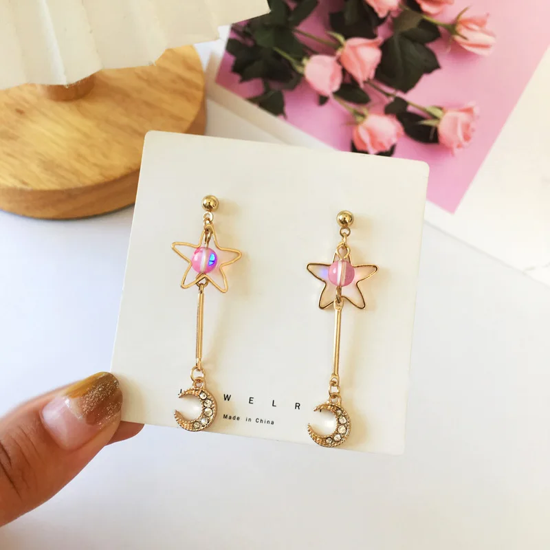 

Beads Brief Rhinestone Fake Piercing Korean Earrings Long Temperament Moon Earings for Women