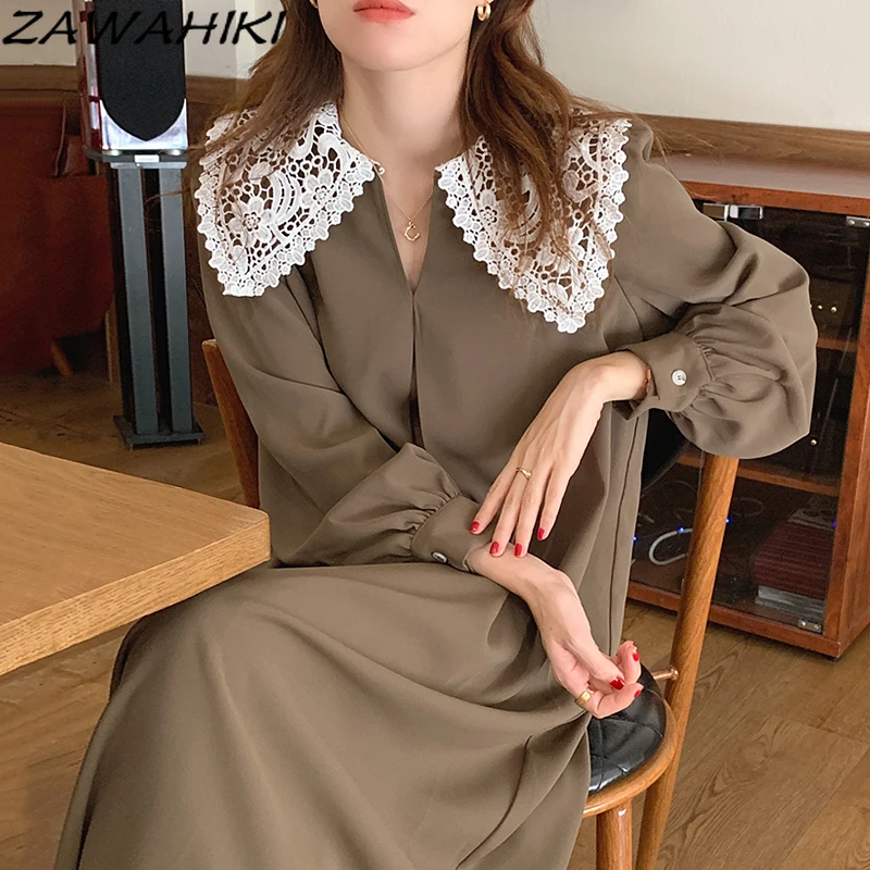 

Осенне-зимнее шикарное Ретро Кружевное вязаное крючком платье с отложным воротником женские прямые новые платья свободного кроя с длинным ...