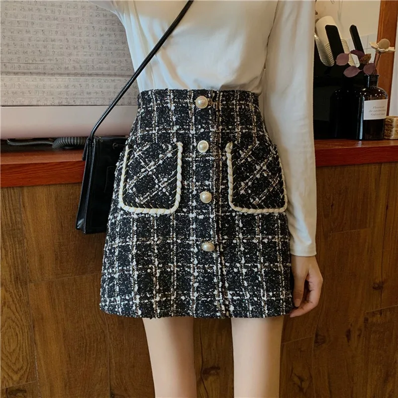 Женская твидовая юбка модный стиль двойной карман клетчатая осень и зима новая