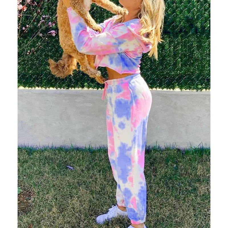 

Printing Women Sets Zipper Hoodies Crop Tops Drawstring Pants Outfit Tracksuits