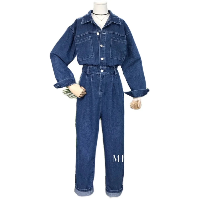 

2021 New Korean Fashion Denim Solid Loose Elastic Waist Women's Long Sleeve Preppy Style One-Piece Trousers Jumpsuit
