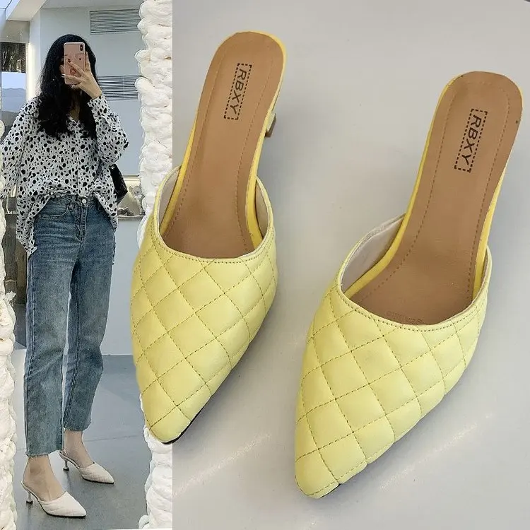 

Vogue Women Low Heel Mules Sandals Vogue Leather Slipper Pointed Toe Shallow Slip on Slides Shoes Zapatos Mujer Women Shoes