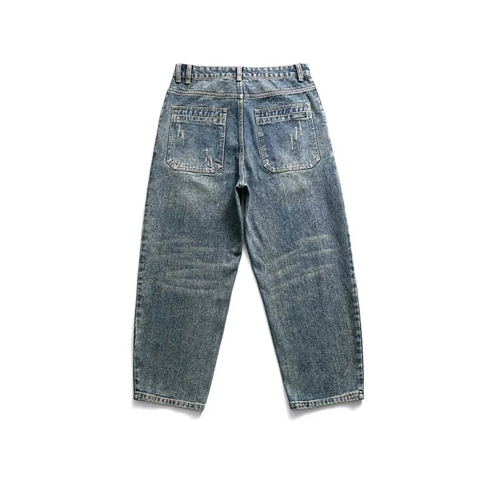 Japanese Style Retro Ripped Baggy Jeans Men Casual Denim Scratched Hip Hop Pants Streetwear Distressed Trousers
