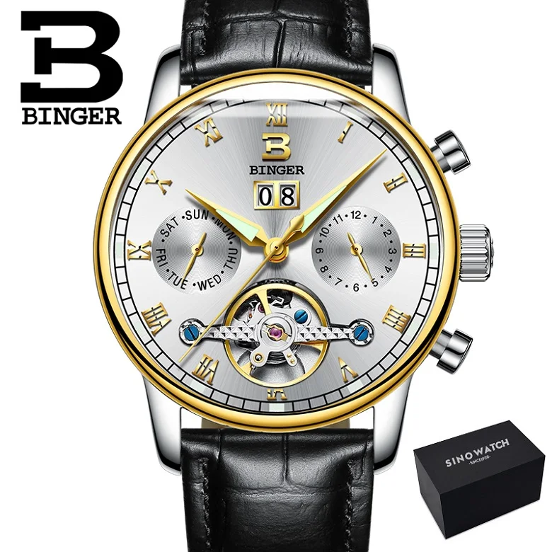 leather black white Двойной турбийон, швейцарские часы Бингер, оригинальные мужские автоматические часы, модные мужские механические наручные часы с кожаным ремешком - Цвет: leather black white