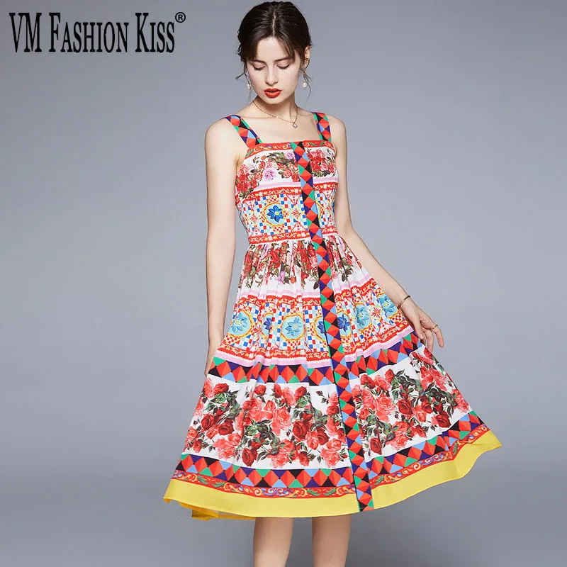 

VM FASHION KISS 2021 летнее дизайнерское женское платье высокого качества с цветным цветочным принтом на бретелях-спагетти длиной до колена 41100034