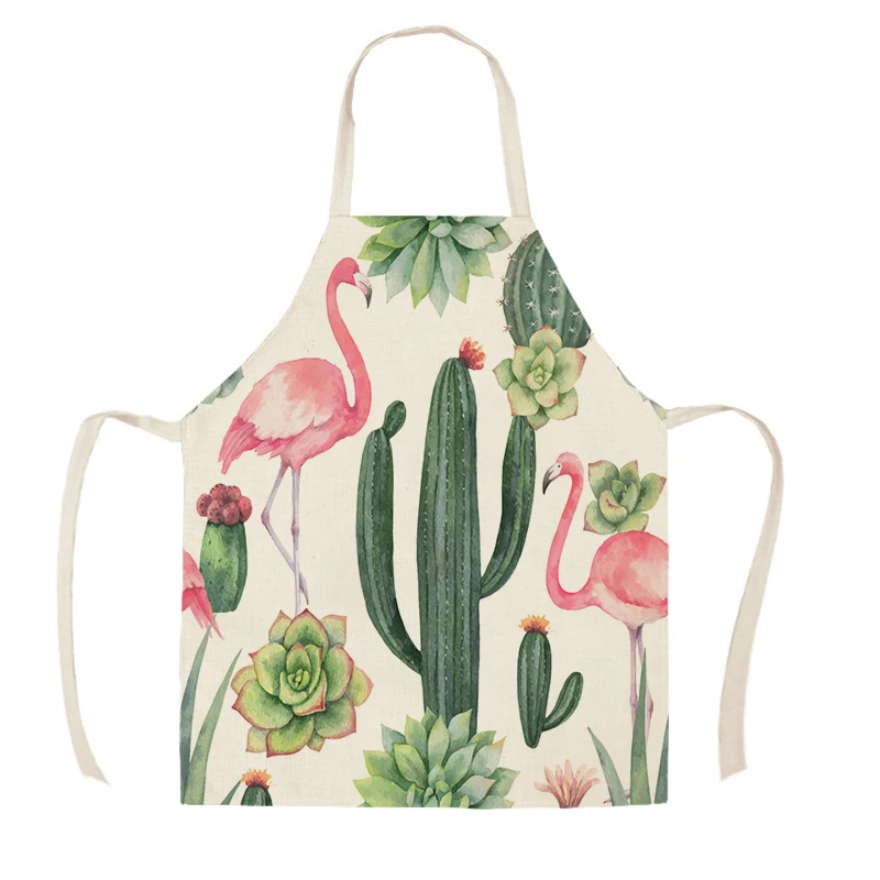 

Linen Tropical Leaf Flamingo Print Kitchen Aprons Unisex Dinner Party Cooking Bib Funny Pinafore Cleaning Apron WQD384