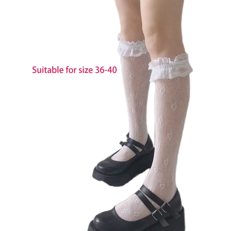 

P8DB Women Girls Lolita Hollow Lace Knee High Long Socks Sweet Ruffles Trim Transparent Floral Jacquard Mesh Fishnet Kawaii