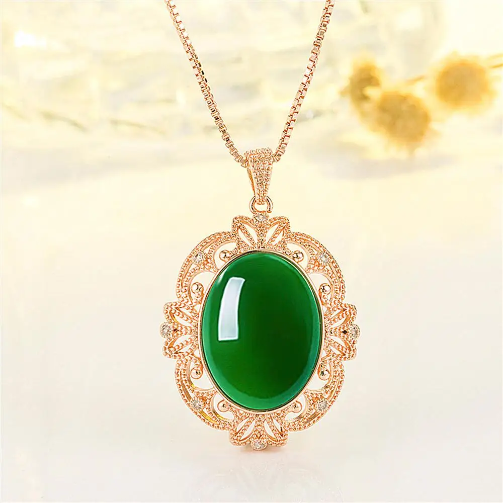 

Rose gold tone vintage carving green jade emerald gemstones pendant necklaces for women jewelry choker chain bijoux party gifts