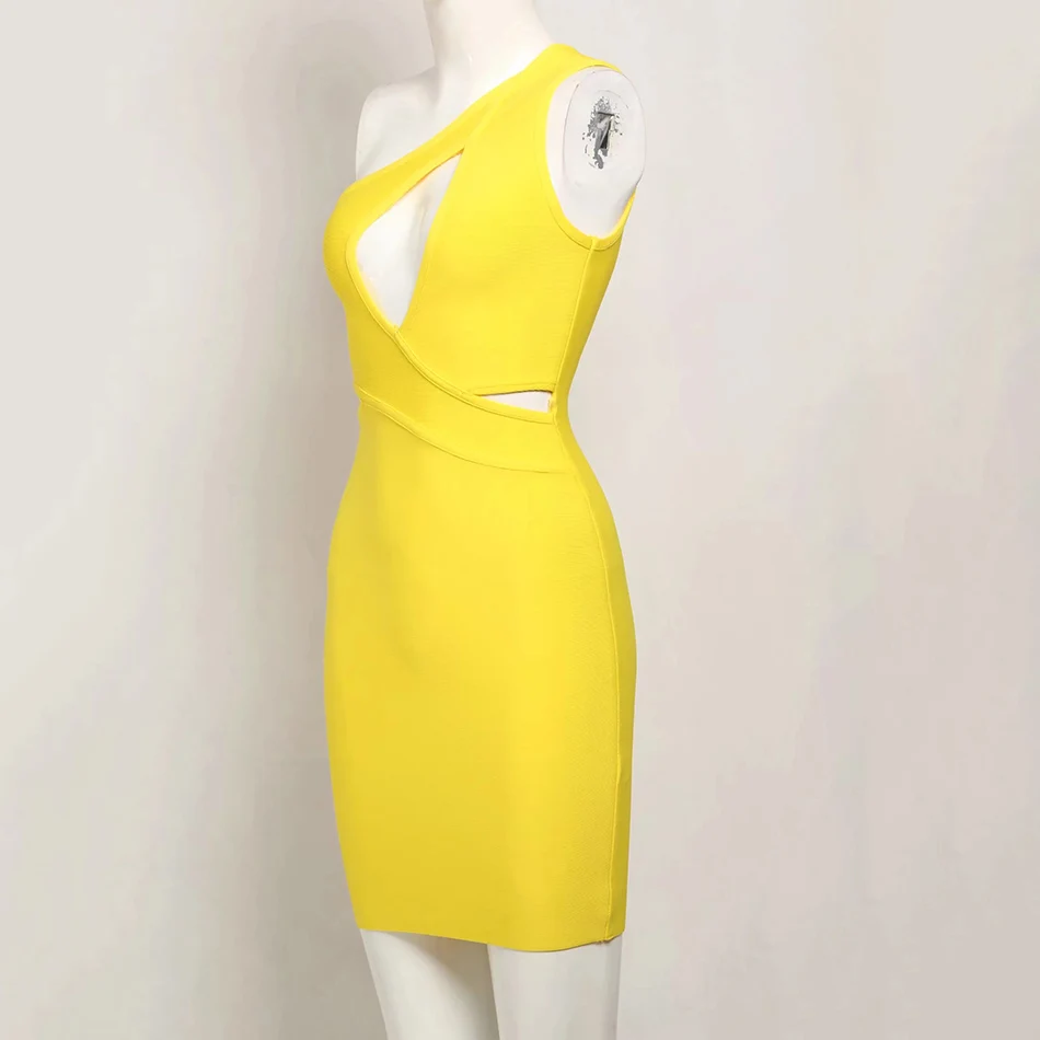Amily.c Summer New High Quality Sexy Shoulder Mini Yellow Hollow Bandage Dress Club Designer Fashion Party Dress Wholesale