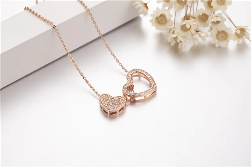 Кулон в виде сердца с бриллиантом и цепочкой Настоящее серебро 925 пробы розовое