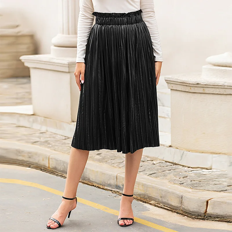 

2021 европейские, американские уличные для похудения, плиссированное платье с эластичной резинкой на талии, Юбка-миди, модная кожаная юбка