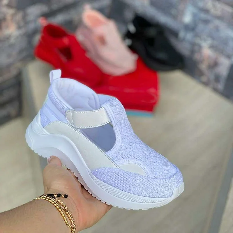 

women summer pumps chunky med mid heels plus size breathable mesh sneaker wedges shoes woman female mujer sapato feminino