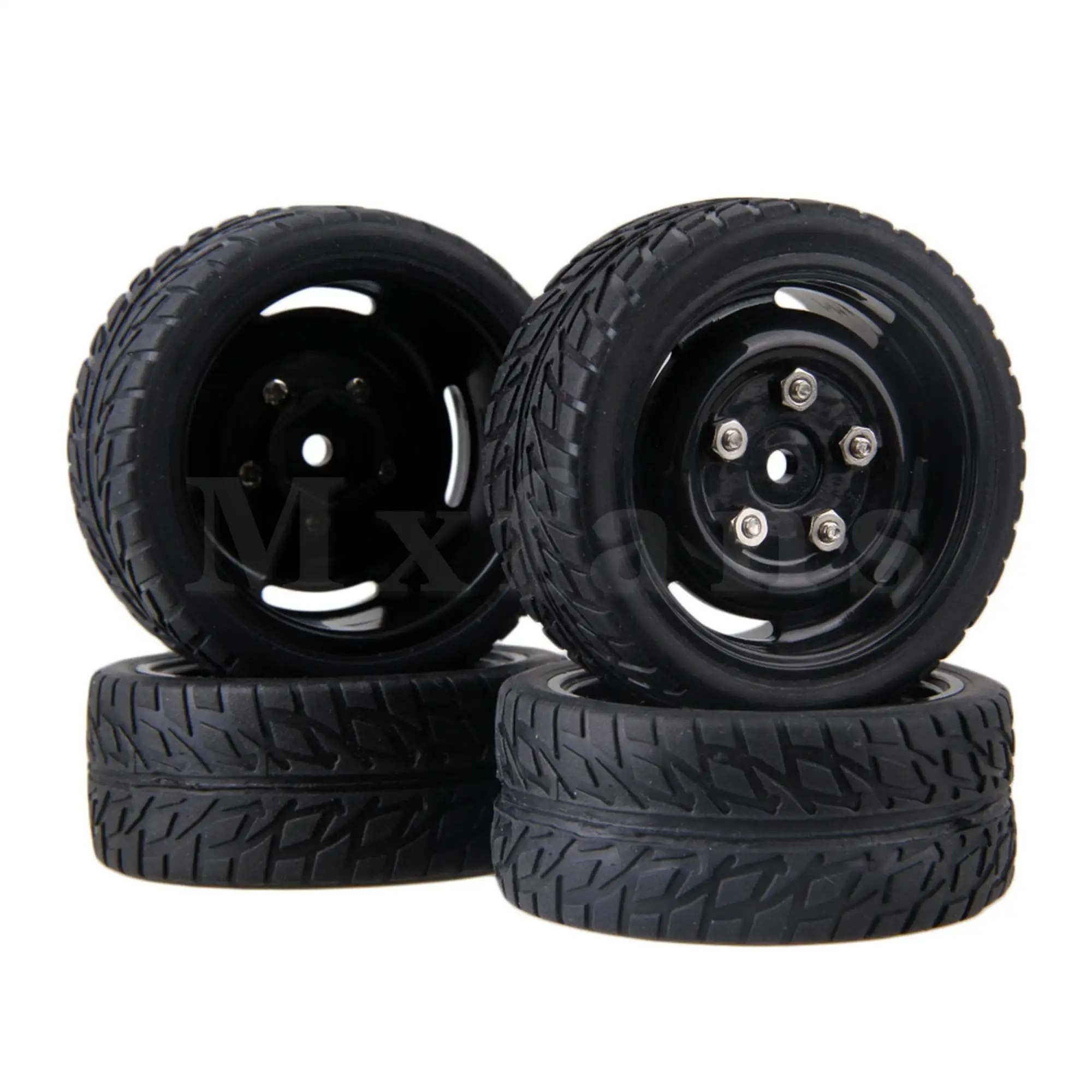 

4PCS Black RC1:10 4-Holes Wheel Rims & Flame Pattern Rubber Wheel Tires for On-Road Car