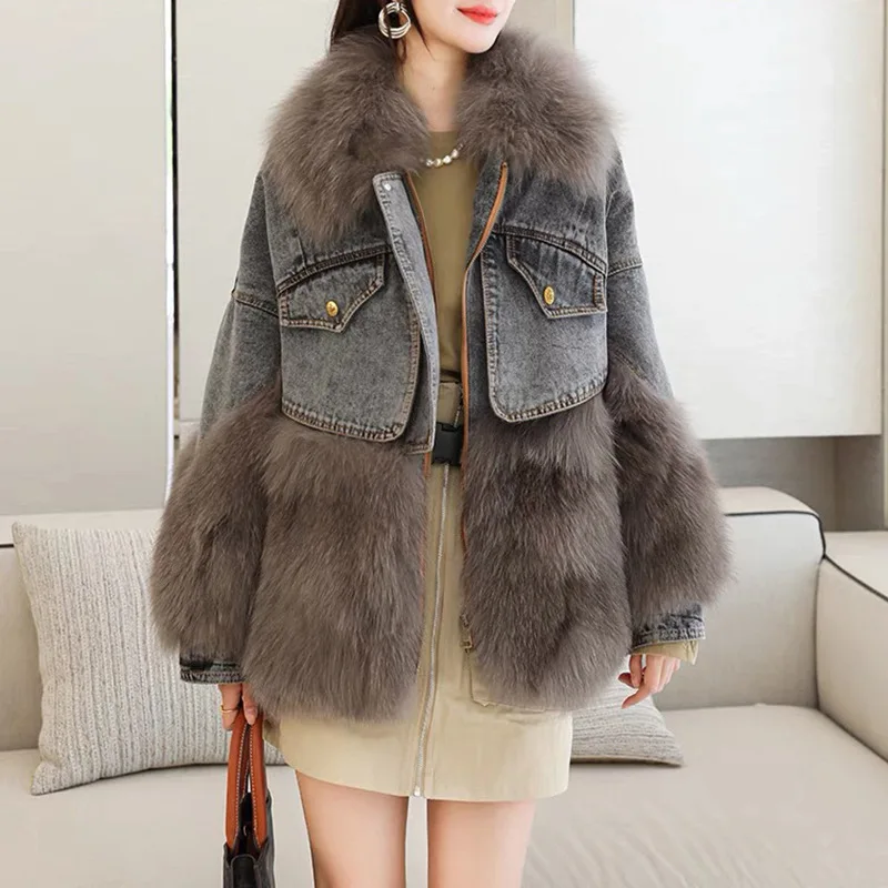 

Fox Fur Stand Neck Collar High Quality Down Fur One Denim Parker Coat 2021 Winter New Natural Black Jacket