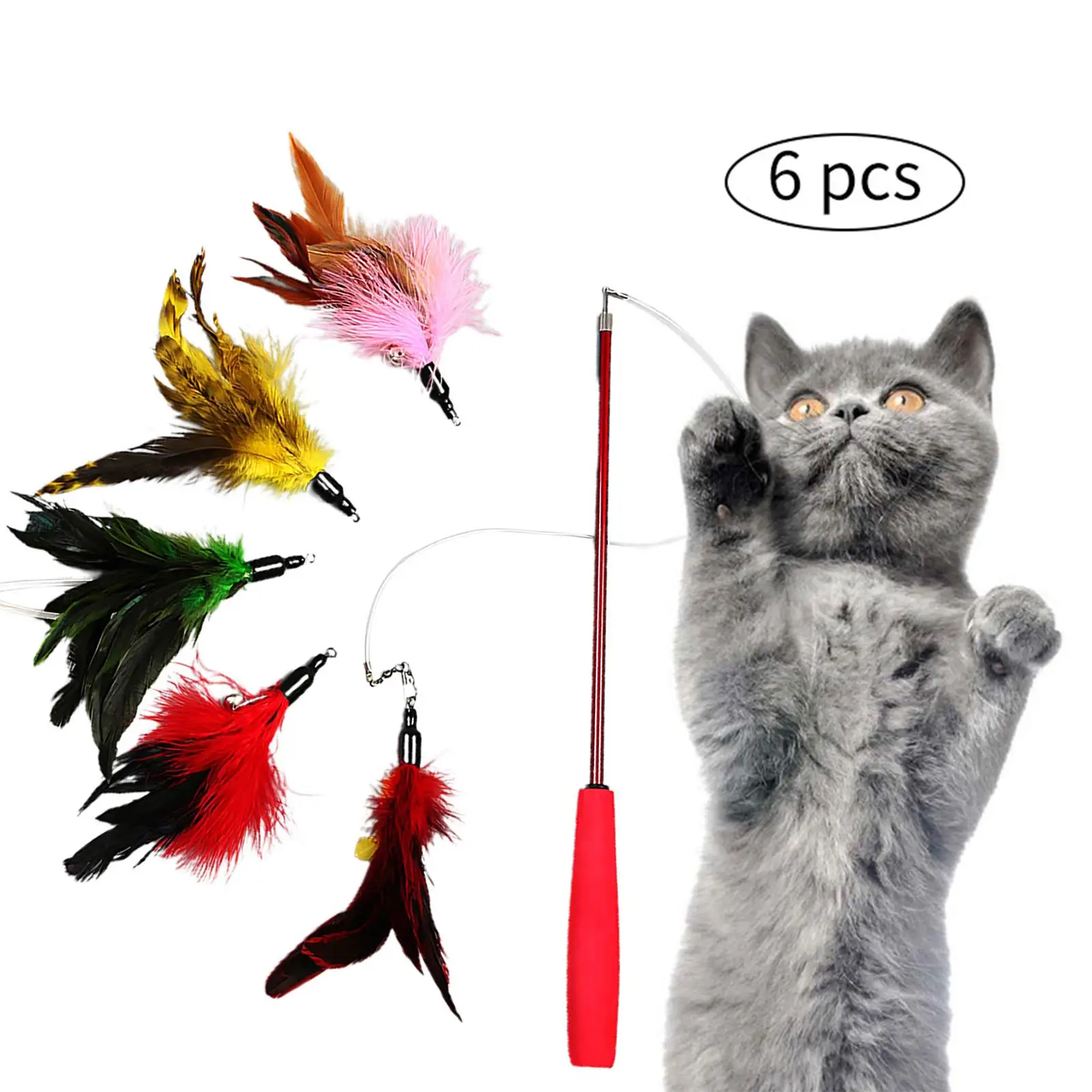 

6pcs Funny Cat Stick Interactive Catcher Teaser Uncompressed Cat Feather Toy Fun Cat Wand Toys Cute Feather Teaser for Pets