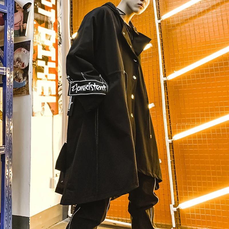 

Techwear Hooded Vintage Gothic Punk Rock Cloak Long Trench Coat Men Overcoat Track Jacket Pin Patchwork Casual Autumn Outerwear