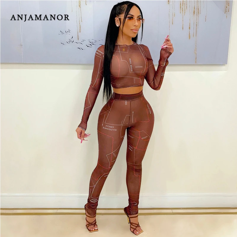 

ANJAMANOR Fashion Printed Sheer Mesh 2 Piece Leggings Sets for Women Sexy Club Outfits Matching Pants Sets Fall 2021 D42-CE20