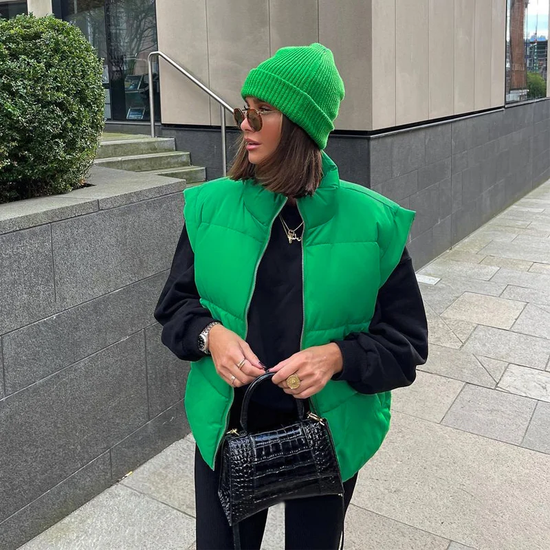 

Женская короткая теплая куртка, уличный однотонный кардиган без рукавов с воротником-стойкой, Осень-зима 2021