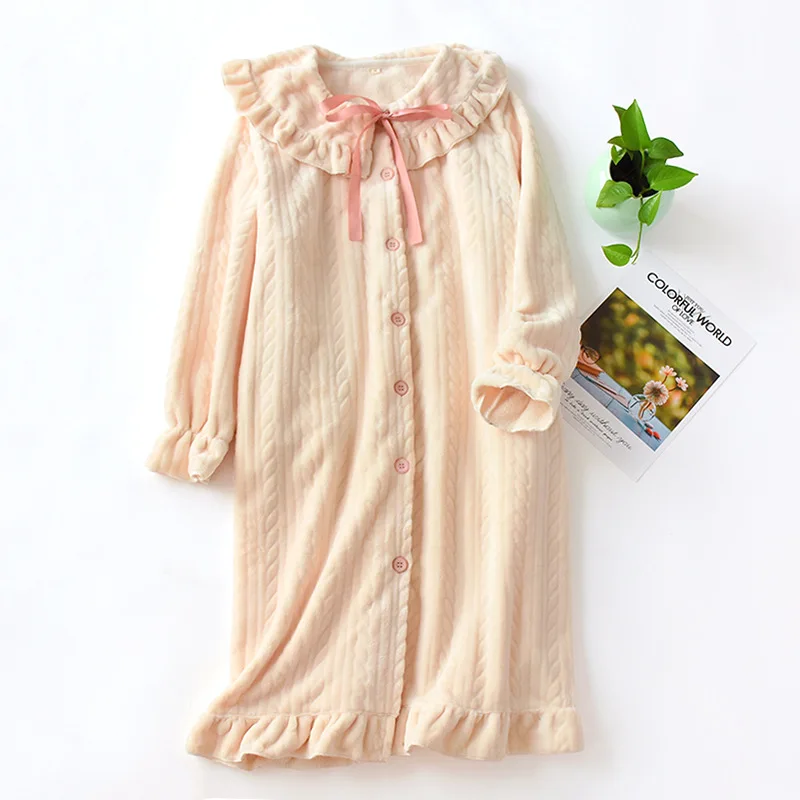 Fdfklak Flannel Nightdress Long Sleeping Dress Autumn Winter New Night Wear Sleepwear Womens Nighties Pink Long Nightgown