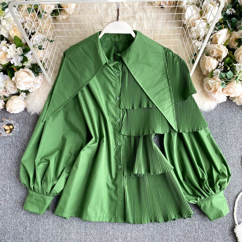 

Women Korean Candy Colors Shirt Fried Street Autumn Shirts Irregular Puff Sleeve Pleated Ruffle Top Women Female FS190