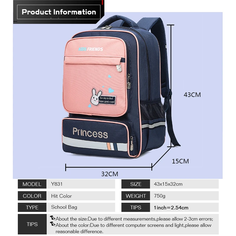 Children's Waterproof Large Capacity Schoolbag for Kids Teen Boys Girls Cute Rabbit Hit Color Primary School  Student Bookbags