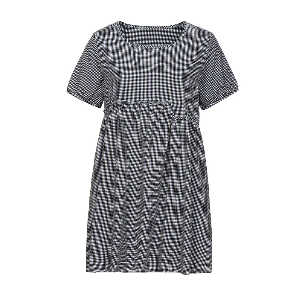 Женское платье с коротким рукавом Vadim круглым вырезом клетчатое хлопковое