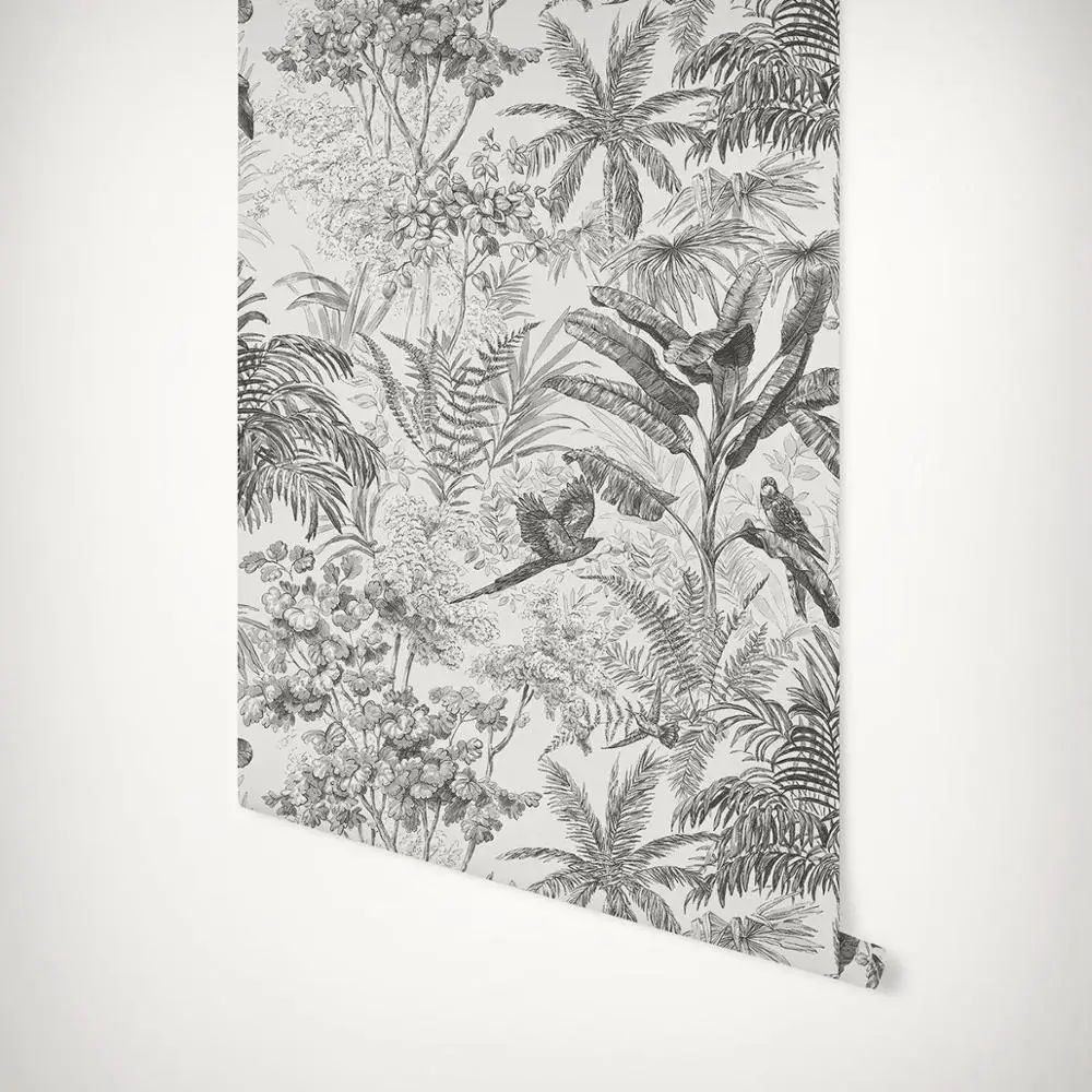 Черно белый скандинавский тропический обои птиц летать в Джунгли Лес PW423330104