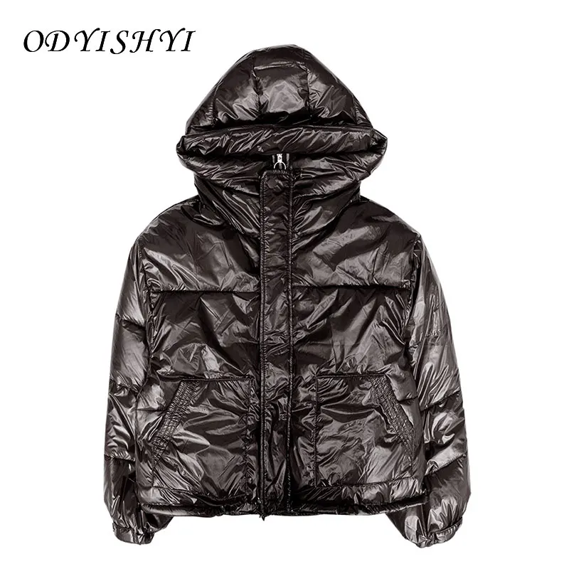 

Black Glossy Down Cotton Coats Thicken Winter Women New Fashion 2020 Loose Warm Outwear Ladies Short Jacket Hooded Parka DH357