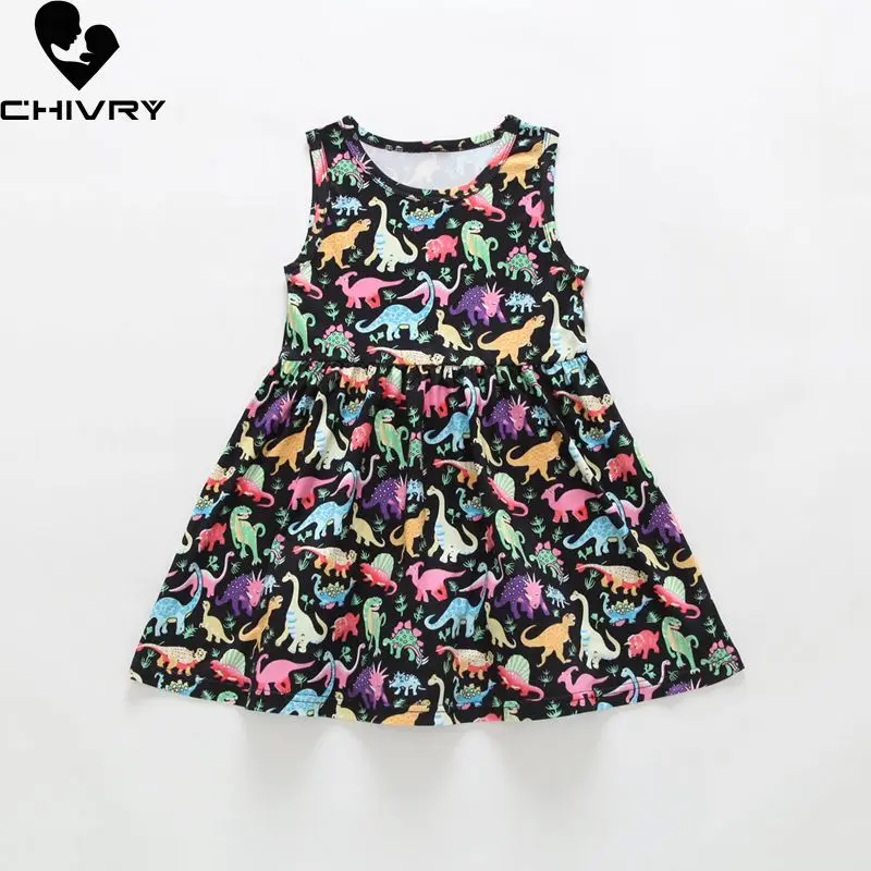 

New 2020 Children Summer Dresses Baby Girls Sleeveless Dinosaur Print O-neck A-line Sundress Summer Dresses for Little Girls